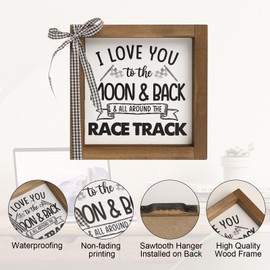 flangairy 6×6 Inch Car Themed Room Wall Decor, I Love You To The Moon And Back And All Around The Race Track Sign, Wood Boys Bedroom Decor for Home Table Shelf