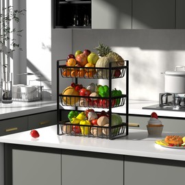 Webtrylics Fruit Basket for Kitchen Counter,Fruit Bowl,Countertop Organizer for Onion Bread and Snack Storage,Heavy Duty Metal Fruit Stand Holder with Liners (3 Tier)