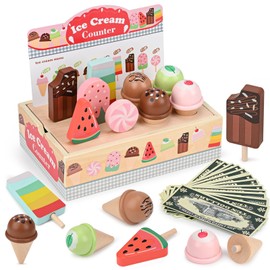 Dreamon Wooden Ice Cream Toy Set, Kids Kitchen Play Food Ice Cream Shop, Toddler Learning Role Play Toy Gifts for 3 4 5 Year Old Girls & Boys