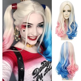 Harley Quinn Women's Wig, Long Cosplay Wig, Villain Wig, Quinn Cosplay, Blonde Blue Pink for Carnival Halloween Fancy Dress Costumes Party