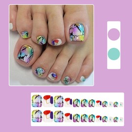 24 Pcs Color Press on Toenails Short Square - MINGCHUN Summer French Beach Style Fake Toe Nails Art Tips Rendering with Full Cover False Nails Glue on Nails for Women Manicure Decorations