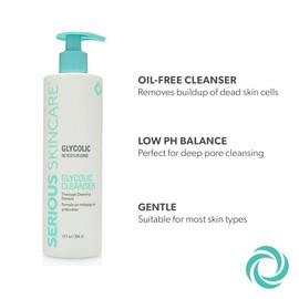 Serious Skincare Glycolic Oil-Free Cleanser – Retexurizing Glycolic Acid Facial Wash - Normal, Oily, Combination, Problematic Skin – Deep Pore Cleansing Formula – 12 oz (1) + 4 oz. (1)