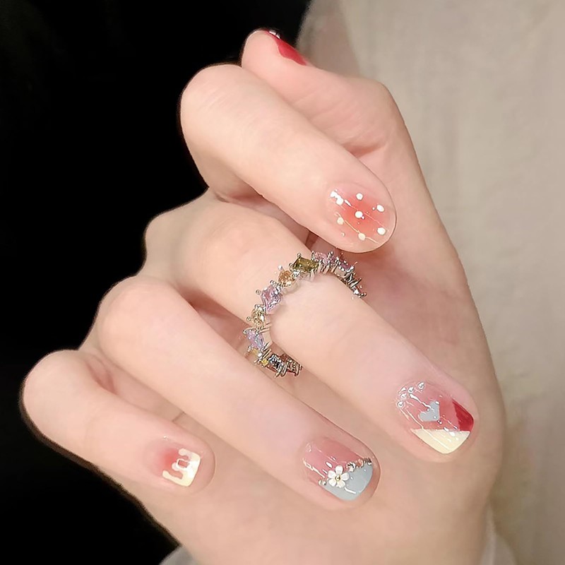 SEMTIM Nail Tips, 24 Pieces, Medium, Short, Round, False Nails,