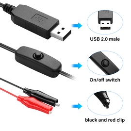 PNGKNYOCN 12V USB to Clip Cord with Power Control Button,USB Male to Alligator Clips Voltage Step Up Converter Cable (2 Pack)