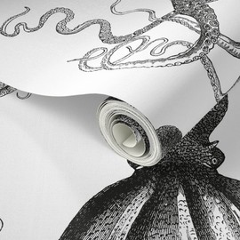 Peel & Stick Wallpaper Swatch - Vintage Octopus Steampunk Kraken Black White Animal Ocean Underwater Custom Removable Wallpaper by Spoonflower