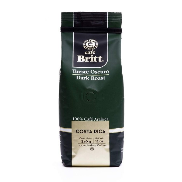 Café Britt - Costa Rican Dark Roast Coffee (12 oz.) - Whole Bean, Arabica Coffee, Kosher, Gluten Free, 100% Gourmet & Dark Roast (1 Year Shelf-Life)