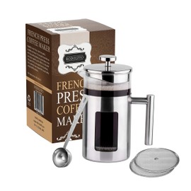 Rodolffo 34 Ounce French Press Coffee Maker with Stainless Steel 18/8 frame, 1 Litre Heat Resistant Borosilicate Glass Carafe includes 2 extra French Press Filters and 1 Coffee Spoon