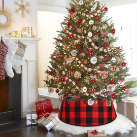 FANPROMS 24 Inch Christmas Tree Collar Red and Black Round Buffalo Plaid Tree Ring Rustic Farmhouse Christmas Tree Skirt Vintage Velvet Tree Stand Collar for Xmas Tree Ornaments Christmas Celebration