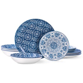 Bestone Ceramic 12-Pieces Dinnerware Sets, Ceramic Dish Plates and Bowls Sets, Dishes Set for 4, Dinner Salad Dessert Plates, and Cereal Bowls Set, Gift,Vintage Blue