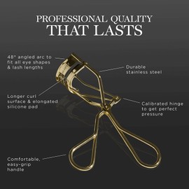 Brilliant Beauty Eyelash Curler with Satin Bag & Refill Pads - Award Winning - No Pinching, Just Dramatically Curled Eyelashes for a Lash Lift in Seconds (Gold)