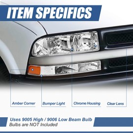 Auto Dynasty Headlights Assembly Compatible with 1998-2004 Chevy S10 Blazer, 4Pcs Driver and Passenger Side Halogen Headlamps Replacement w/Bumper Lamps, Chrome Housing Amber Corner
