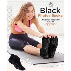 Breathffy 8 Pairs Non Slip Pilates Socks with Grips for Women Bulk Yoga Anti Skid Athletic Socks for Barre Ballet Hospital(Black)