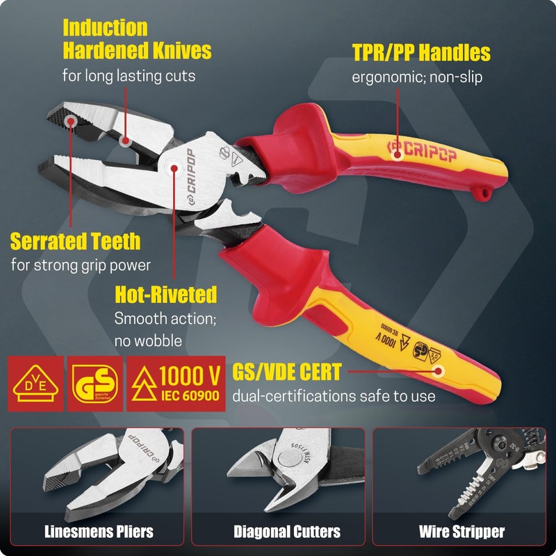 CRIPOP 3 PCS Insulated Pliers Set, 1000V Insulated Electrical Tools