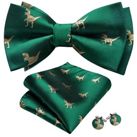 Barry.Wang Animal Print Bow Ties for Men Classic Pre Tied Bowtie and Pocket Square Cufflinks Set Formal Green Bow Ties
