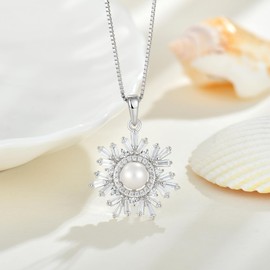 TIMFROZ Snowflake Pearl Necklace 925 Sterling Silver 5A Cubic Zirconia Pendant for Women Thanksgiving Day Winter Jewelry Gifts