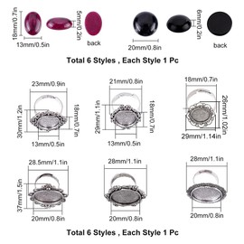 SUNNYCLUE 12 Pieces 6 Styles Antique Silver Ring Settings Adjustable Blank Hollow Oval Round with Colorful Gemstone Cabochons Ring Making Kit for DIY Jewelry Making Craft Supplies