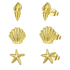 Lypic 3 Pairs 925 Sterling Silver Gold Starfish Seashell Clam Conch Shell Earrings Women's Beach Stud Earrings Ocean Jewelry for Women Ocean Lover