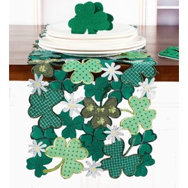 GRANDDECO St. Patrick's Day Table Runner,Applique Embroidered Cutwork Clover Dresser Scarf for Home Kitchen Dining Spring Irish Festival Tabletop Decoration (Clover, Runner 13X83(33X210cm)
