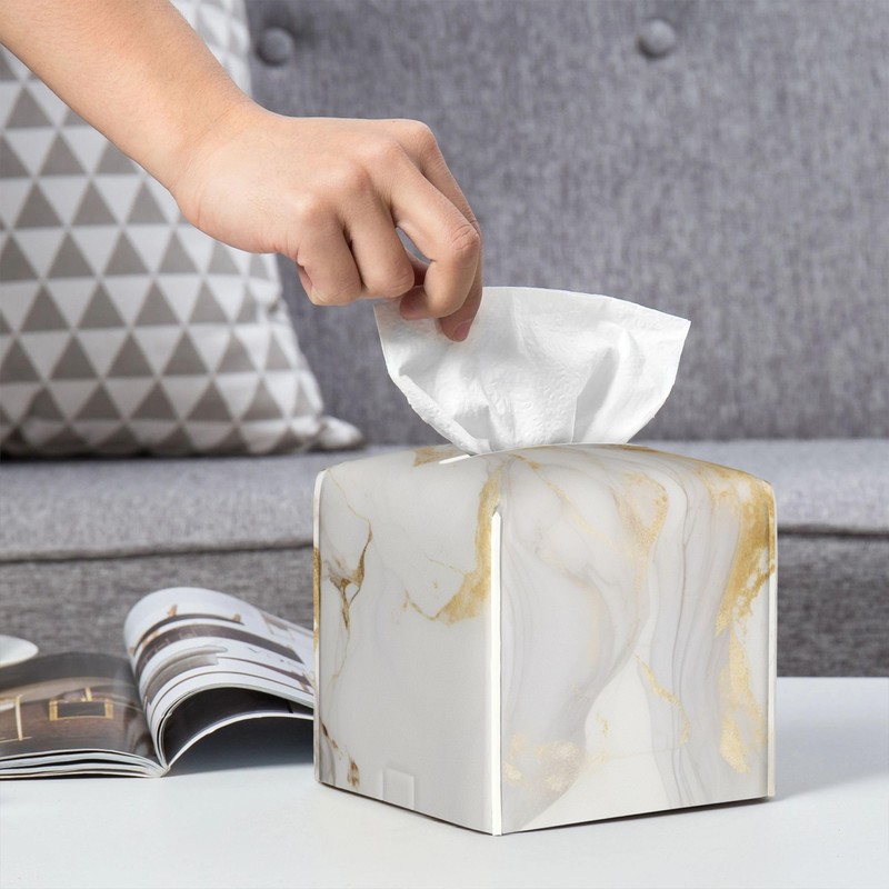 Tissue Box Cover,Grey Golden Marble Pu Leather Square Tissue Box