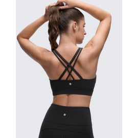 CRZ YOGA Softness Mold Womens Butterluxe U Neck Longline Sports Bras - Supportive Cross Back Double Strap Yoga Top D/DD Cup Black Small