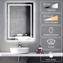 Awoco 20''x28'' LED Bathroom Mirror with Light, Lighted Vanity Mirror with Backlit and Front Light, Dimmable Anti-Fog Memory Function Lighted Mirror with 3 Colors for Bathroom Wall