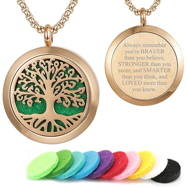 Rose Gold Essential Oils Aromatherapy Tree of Life Pattern Diffuser Locket Necklace