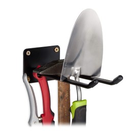 Relaxdays Tool Holder Wall Mount, Double Hook, Broom Holder, Spade Holder for Screwing on, Wall, Steel, 24 cm, Black, Pack of 1