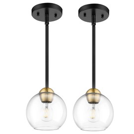 Emak 2 Pack Black and Gold Pendant Light Fixtures, Modern 7 Inch Globe Pendant Lights Kitchen Island with Clear Glass Shade, 1 Light Hanging Lights for Kitchen, Bedroom, Bathroom, PL119-BKBGD-2PK