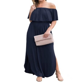 GXLU Women's Plus Size Summer Maxi Dress Off Shoulder Ruffle Short Sleeve Slit Party Dresses with Pockets Dark Blue 4X