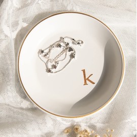 COLLECTIVE HOME - Wood Jewelry Tray, Decorative Monogram Trinket Dish for Rings Earrings Necklaces Bracelet Watch Keys, Birthday Mother's Day Christmas Gift for Women, 4.75" (k)