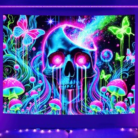 BlissYard Skull Blacklight Tapestry UV Reactive Tapestry 78x59 Inch Butterfly Mushroom Wall Glowing Decoration Large Neon Wall Hanging for Living Room Bedroom Decor Teens Man