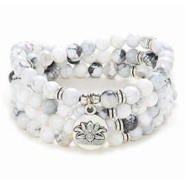 108 Bead Mala Bracelet with Lotus Charm and 6mm Small Stone Beads (White Howlite)