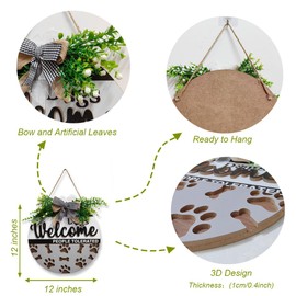 OLMIXA 3D Dogs Welcome Wreath Wooden Sign (12x12inch), People Tolerated With Dog Footprint Bone Front Door Hanger, Pet Decorative Signs for Lover Gift
