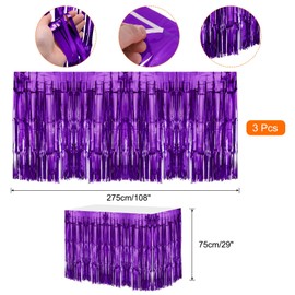 QUARKZMAN Pack of 3 29 x 108 inch Purple Metallic Tinsel Table Skirts for Rectangular Tables Tinsel Background Curtain for Wedding and Birthday Party Decoration