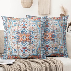 XPHZZL Pack of 2 Bohemian Style Linen Decorative Cushion Covers 40x40 cm Square Throw Pillow Covers 16x16 Inch Boho Style Pillowcases for Outdoor Home Decor Sofa Bedroom Car - Blue Orange