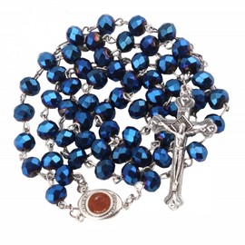 Kuesn Deep Blue Crystal Beads Rosary Catholic Necklace Holy Soil Medal and Catholic for Women Gemstone Rosary Beads Necklace with Crucifix Cross Crystal (Blue)
