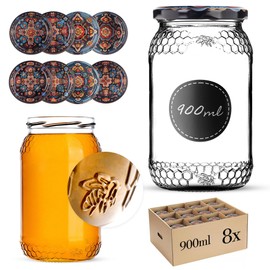 KADAX Honey Jars, 900 ml, Preserving Jars with Fi82 mm Screw Lid, Jars for Honey, Jam Jars, Screw Jars, Preserving Jars (Symmetrical, Pack of 8)