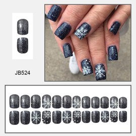 Christmas Press on Nails Short Square Fake Nails With Snowflake Designs Xmas Black False Nails Glitter Glue on Nails Full Cover Artificial Stick on Nails for Women Winter Nails 24 Pcs