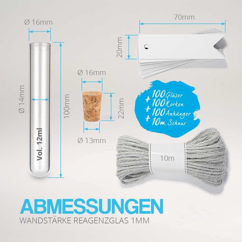 Tuuters 100 Plastic Test Tube with Cork, Cord, Label Pendant
