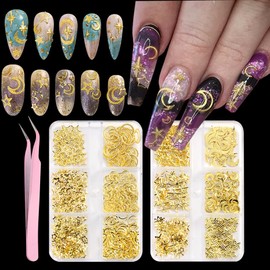 FSpronail 2Boxes Star Moon Mixed Hollowed-out Design Gold Nails Charms,Shiny Gold Pentagram Stars Crescent Shaped Nail Gems,3D Metallic Golden Nail Studs Jewelry Decoration Nails DIY Manicure Tweezers