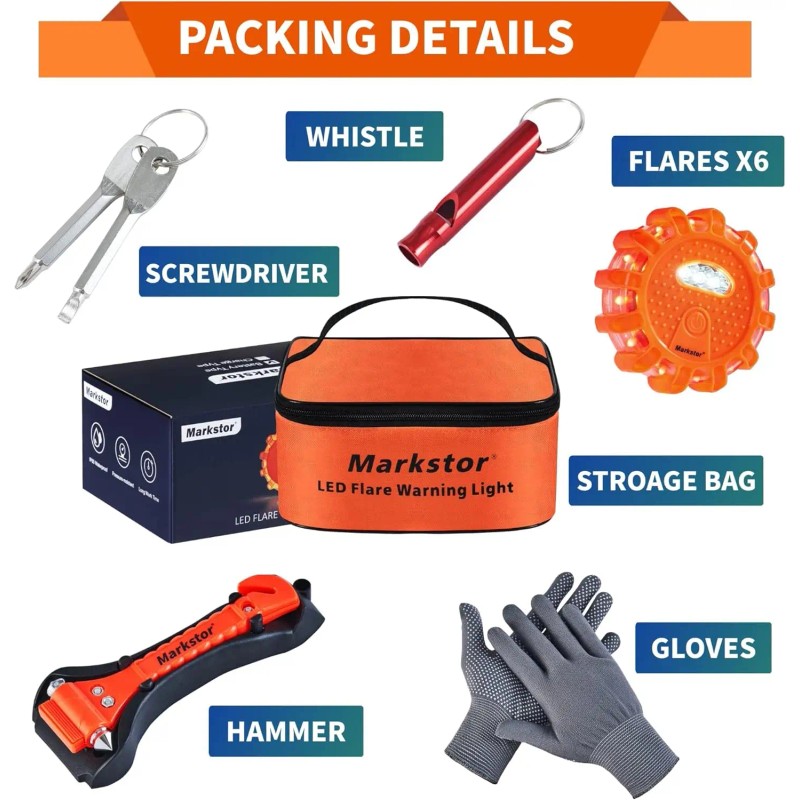 6-Pack LED Road Flare Emergency Kit with Magnetic Base &