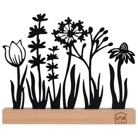 UNUS Silhouette Decorative Flower Meadow Metal with Bamboo Wooden Base, Ideal for Windowsill, Kitchen or Living Room, Black