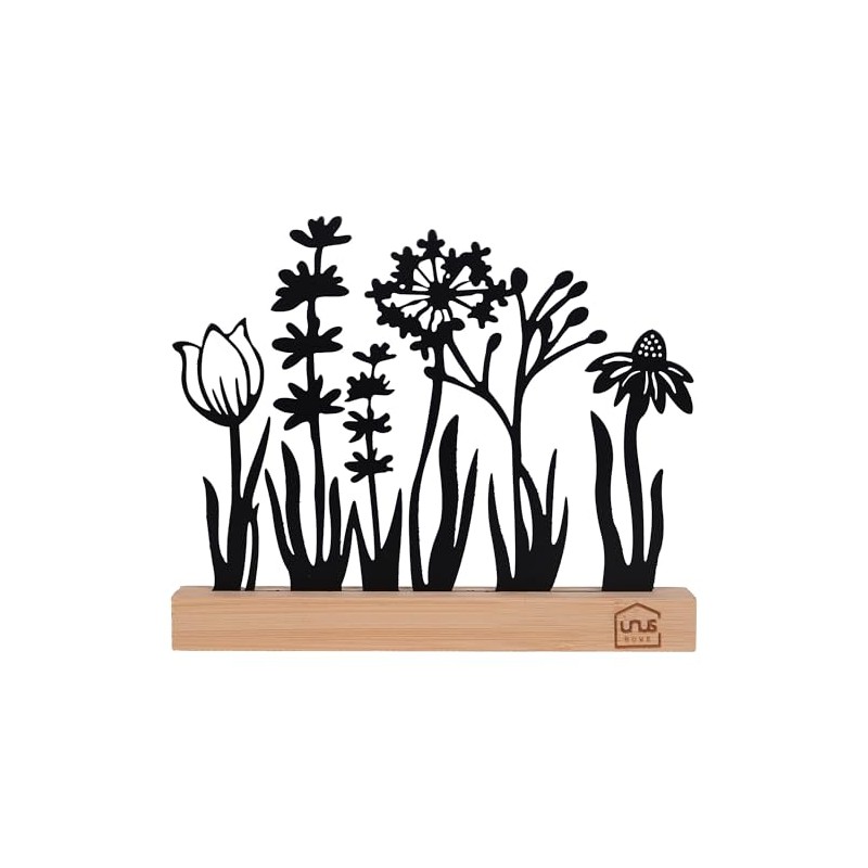 UNUS Silhouette Decorative Flower Meadow Metal with Bamboo Wooden Base,