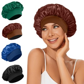 4Pcs Satin Bonnet Silk Bonnet, Hair Bonnet for Sleeping, Elastic Wide Band Silk Sleep Cap, Soft and Breathable(Black Blue Green Brown)