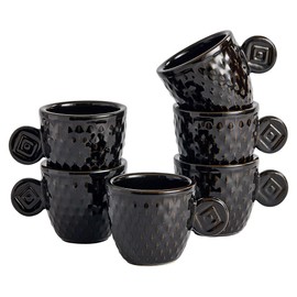 WE collection Set of 6 Espresso Coffee Cups, Ceramic 3 oz Demitasse Cups, Unique Embossed Vintage Small Espresso Cups (Black)