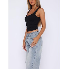 ForeFair Women's Sleeveless Square Neck Tank Top Double Layer Basic Crop Tops Summer Fitness Workout Casual Tops(L,Black)