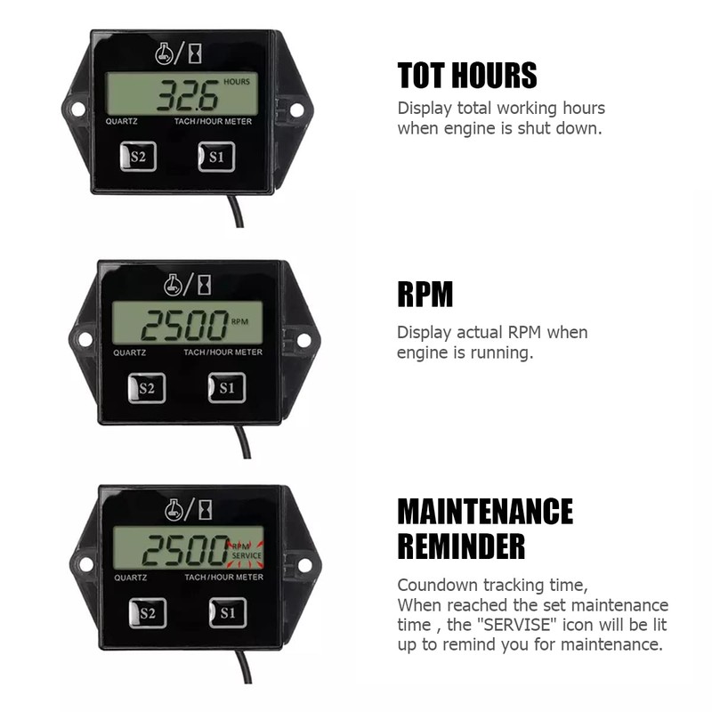 Small Engine Hour Meter and Digital Tachometer, Waterproof Inductive Tacho