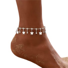Carufin Turquoise Anklet Bracelets Multilayer Butterfly Anklet Flower Pearl Beads Anklet Accessories Summer Beach Foot Jewellery for Women Girls (Silver Butterfly Feet Chain)