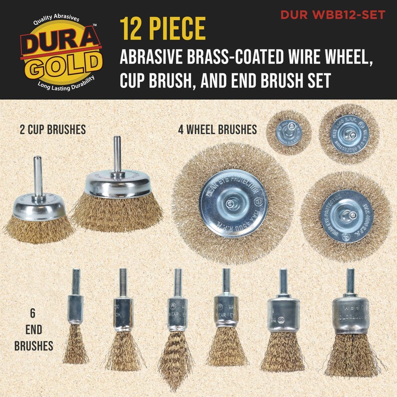 Dura-Gold 12-Piece Abrasive Brass-Coated Wire Wheel, Cup Brush, and End