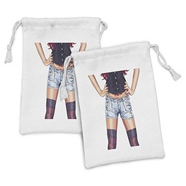 Ambesonne Fashion Fabric Pouch Set of 2, Young Woman Wearing Jean Shorts and Stockings Artwork Illustration Print, Small Drawstring Bag for Toiletries Masks and Favors, 9" x 6", Multicolor
